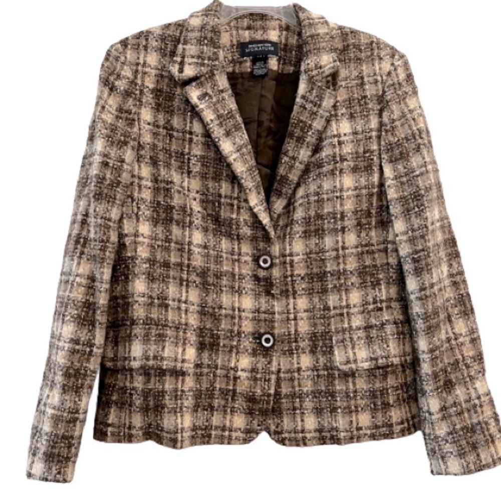 Jones NY Signature Tweed Plaid Blazer Jacket Wool Blend 2 Flap Pockets 2 Button